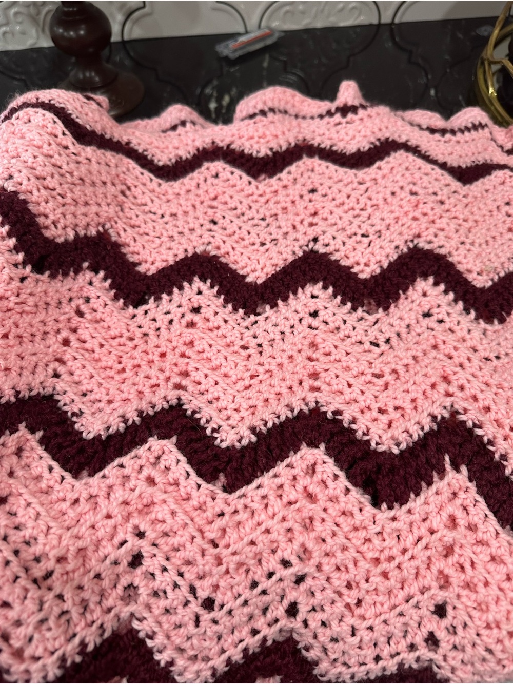 Pink Chevron Knit Afgan with Burgundy Stripes